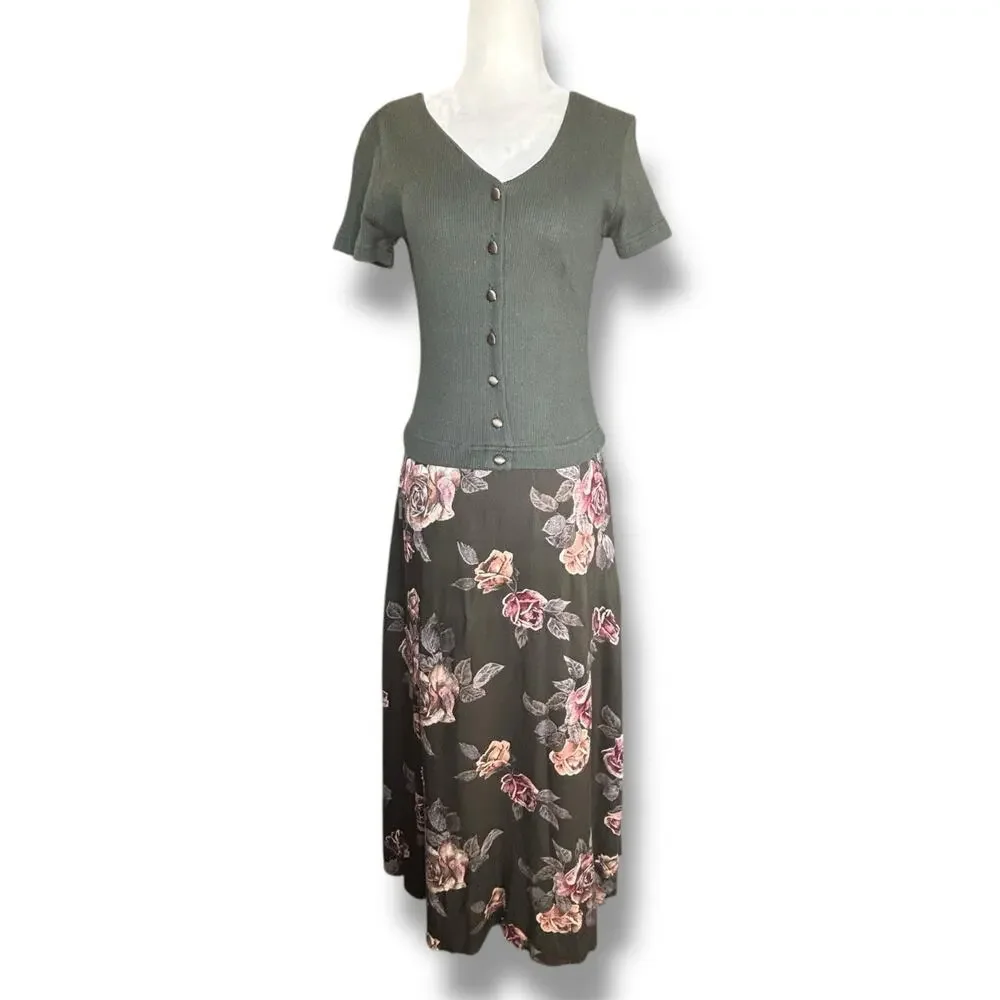 Vintage 90s Faux Two Piece Forrest Green Baby Pink Knit Top Dark Floral Maxi - Picture 7 of 7
